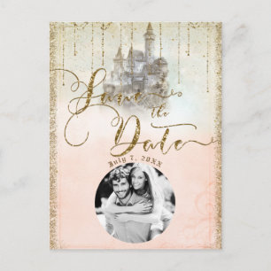 Gold Glitter Storybook Castle Save the Date Photo Aankondigingskaart