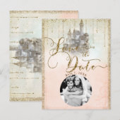 Gold Glitter Storybook Castle Save the Date Photo Aankondigingskaart (Voorkant / Achterkant)