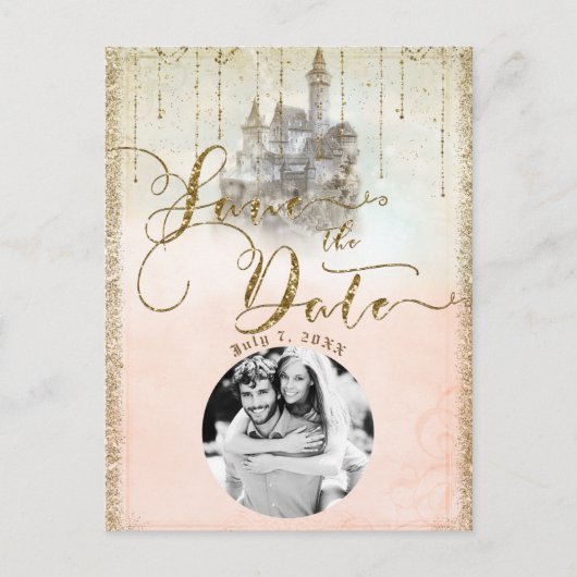Gold Glitter Storybook Castle Save the Date Photo Aankondigingskaart (Voorkant)