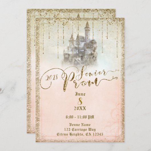 Gold Glitter Storybook Castle Senior Prom 2018 Kaart (Voorkant / Achterkant)
