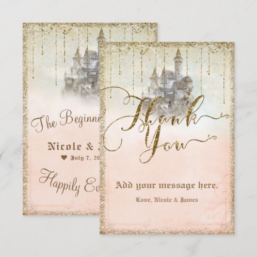 Gold Glitter Storybook Castle Wedding Bedankt (Voorkant / Achterkant)
