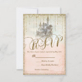 Gold Glitter Storybook Castle Wedding RSVP Reageer (Voorkant)