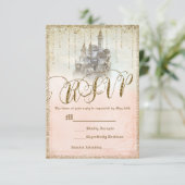 Gold Glitter Storybook Castle Wedding RSVP Reageer (Staand voorkant)