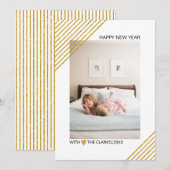 Gold glitter streept nieuwjaarstrendy foto feestdagenkaart (Voorkant / Achterkant)