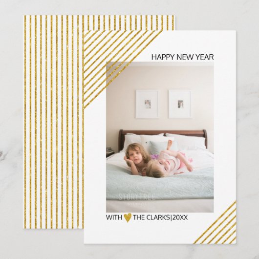 Gold glitter streept nieuwjaarstrendy foto feestdagenkaart (Voorkant / Achterkant)