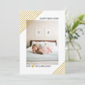 Gold glitter streept nieuwjaarstrendy foto feestdagenkaart (Staand voorkant)