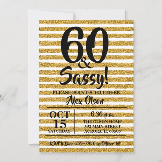 Gold Glitter Stripe60th Birthday Party Invitations (Voorkant)