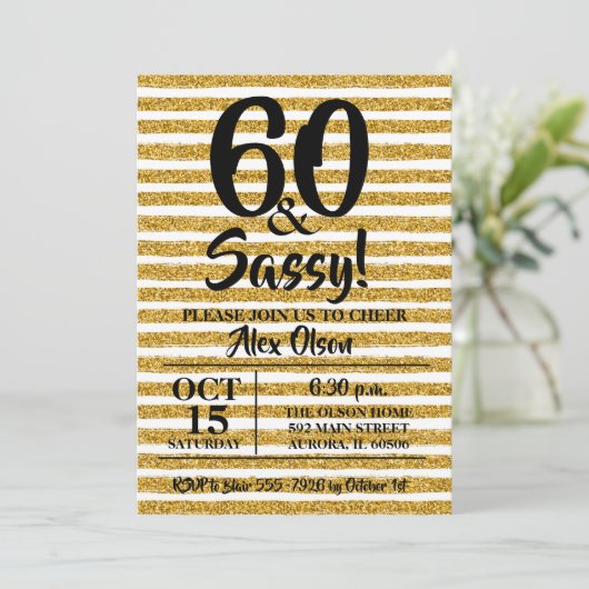 Gold Glitter Stripe60th Birthday Party Invitations (Staand voorkant)