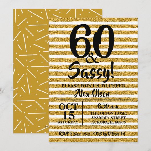 Gold Glitter Stripe60th Birthday Party Invitations (Voorkant / Achterkant)