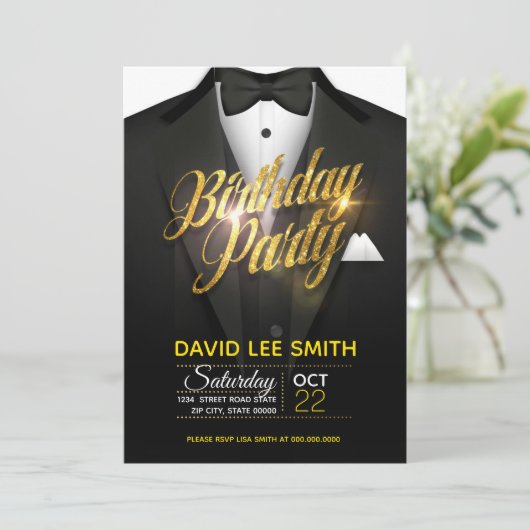 Gold Glitter Suit Birthday Party Kaart (Staand voorkant)