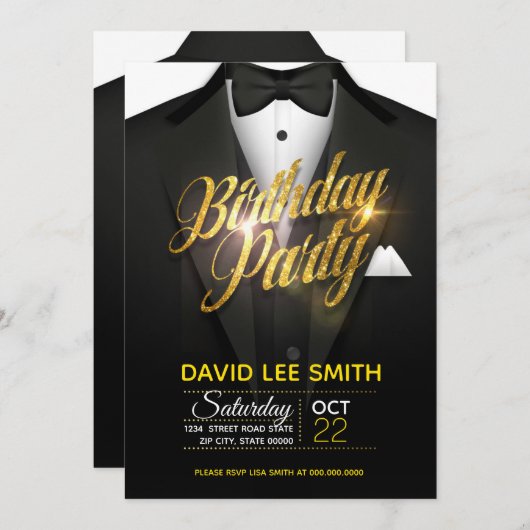 Gold Glitter Suit Birthday Party Kaart (Voorkant / Achterkant)