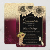 Gold Glitter Sunflower, Burgundy Quinceanera Kaart