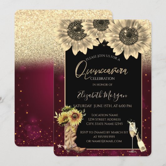 Gold Glitter Sunflower, Burgundy Quinceanera Kaart (Voorkant / Achterkant)