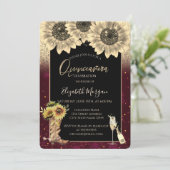 Gold Glitter Sunflower, Burgundy Quinceanera Kaart (Staand voorkant)