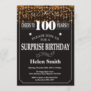 Gold Glitter Surprise 100th Birthday Invitation Kaart