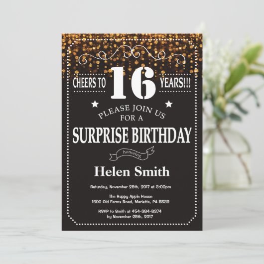Gold Glitter Surprise 16th Birthday Invitation Kaart (Staand voorkant)