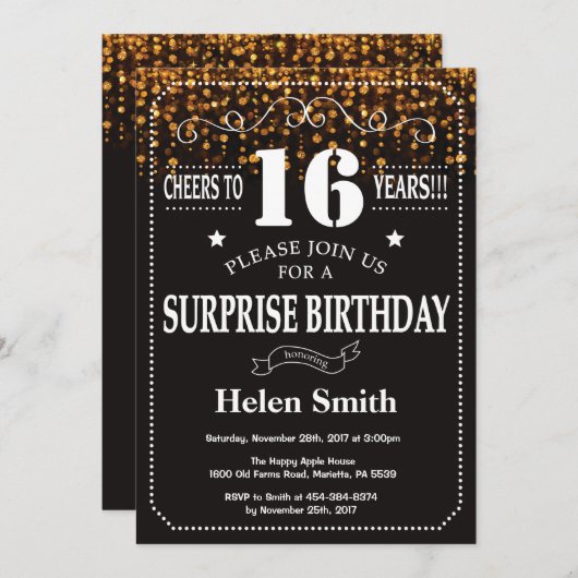 Gold Glitter Surprise 16th Birthday Invitation Kaart (Voorkant / Achterkant)