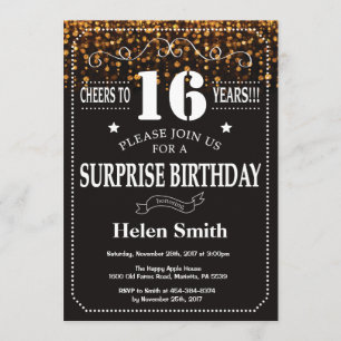 Gold Glitter Surprise 16th Birthday Invitation Kaart