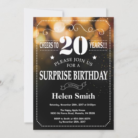 Gold Glitter Surprise 20th Birthday Invitation Kaart (Voorkant)