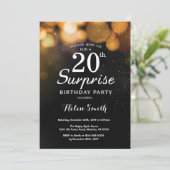 Gold Glitter Surprise 20th Birthday Invitation Kaart (Staand voorkant)