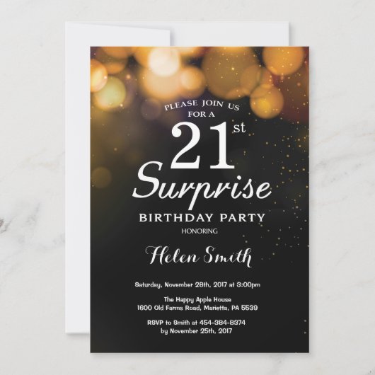 Gold Glitter Surprise 21st Birthday Invitation Kaart (Voorkant)
