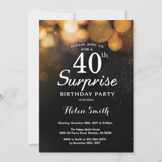 Gold Glitter Surprise 40th Birthday Invitation Kaart (Voorkant)