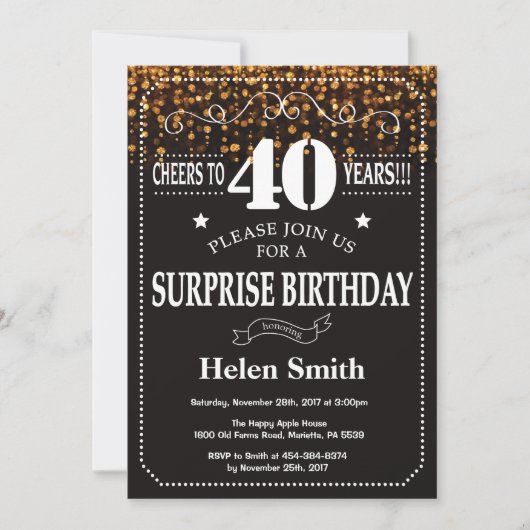 Gold Glitter Surprise 40th Birthday Invitation Kaart (Voorkant)
