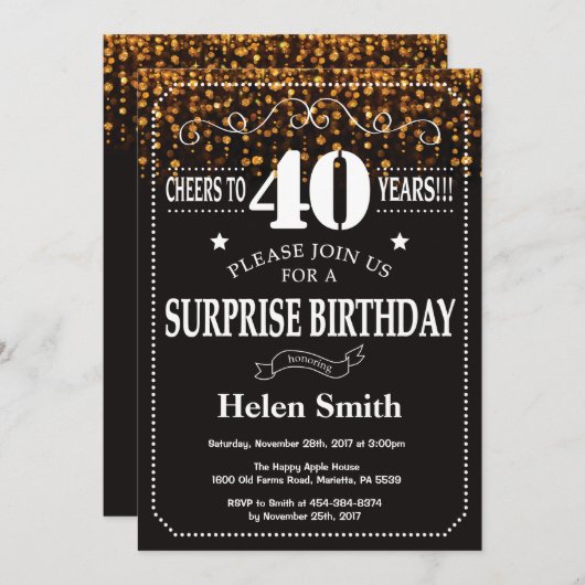 Gold Glitter Surprise 40th Birthday Invitation Kaart (Voorkant / Achterkant)