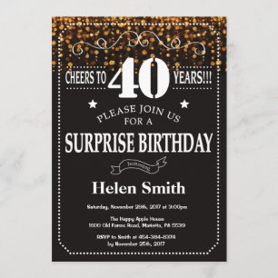 Gold Glitter Surprise 40th Birthday Invitation Kaart