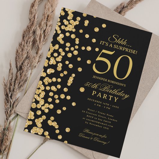 Gold Glitter Surprise 50th Birthday Black Kaart
