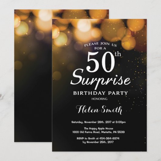 Gold Glitter Surprise 50th Birthday Invitation Kaart (Voorkant / Achterkant)