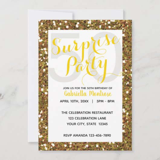 Gold Glitter Surprise 50th Birthday Invitation Kaart (Voorkant)