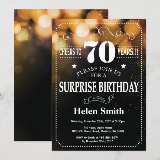 Gold Glitter Surprise 70e verjaardag Uitnodiging (Voorkant / Achterkant)