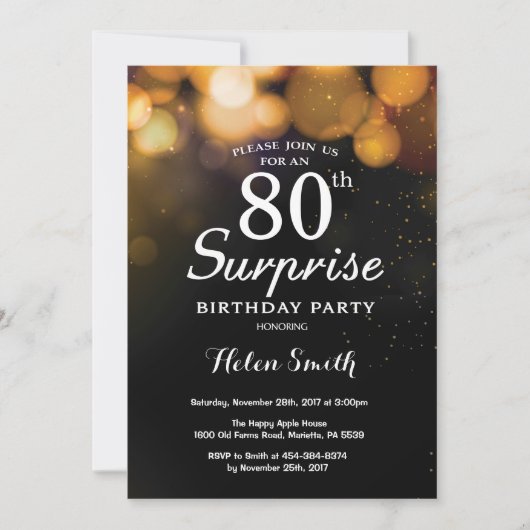 Gold Glitter Surprise 80th Birthday Invitation Kaart (Voorkant)