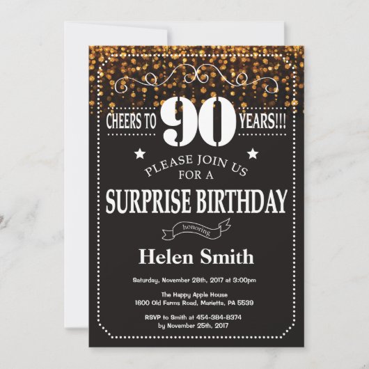 Gold Glitter Surprise 90th Birthday Invitation Kaart (Voorkant)