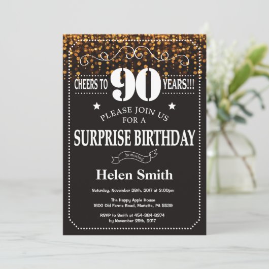 Gold Glitter Surprise 90th Birthday Invitation Kaart (Staand voorkant)