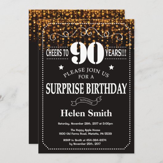 Gold Glitter Surprise 90th Birthday Invitation Kaart (Voorkant / Achterkant)