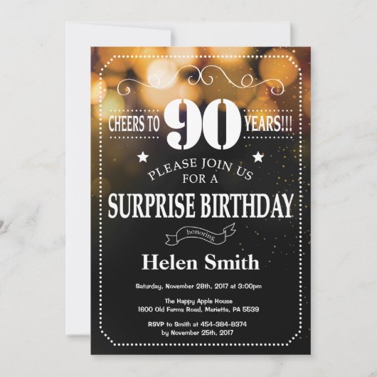 Gold Glitter Surprise 90th Birthday Invitation Kaart (Voorkant)