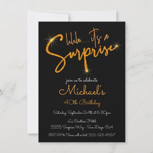 Gold Glitter Surprise Birthday Party Kaart (Voorkant)