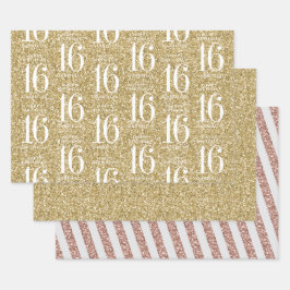 Gold Glitter Sweet 16 Aangepaste stripes Inpakpapier Vel