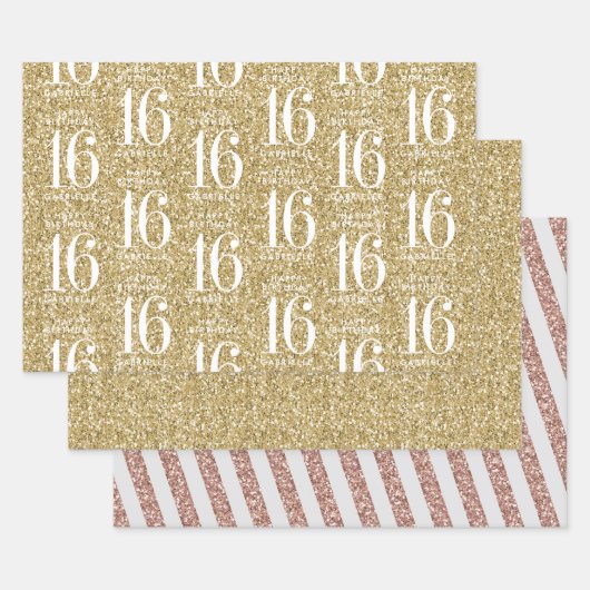 Gold Glitter Sweet 16 Aangepaste stripes Inpakpapier Vel (Set)