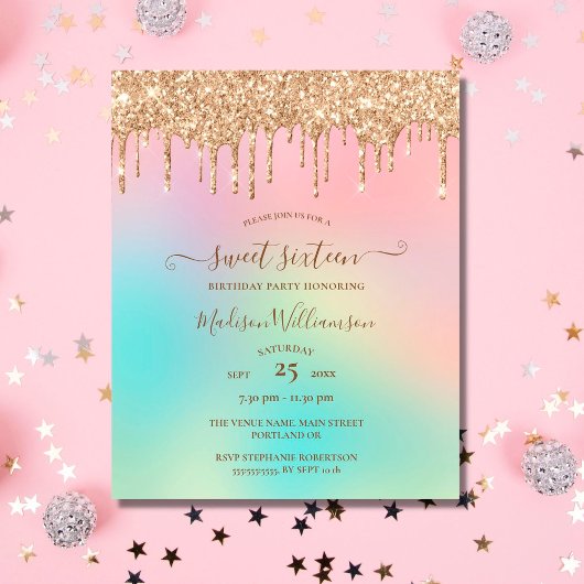 Gold Glitter Sweet 16 Birthday - budgetdruppelaar