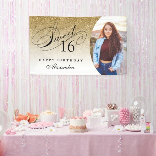 Gold Glitter Sweet 16 Persoonlijke fotobanner Spandoek (Feest)