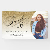 Gold Glitter Sweet 16 Persoonlijke fotobanner Spandoek (Horizontaal)
