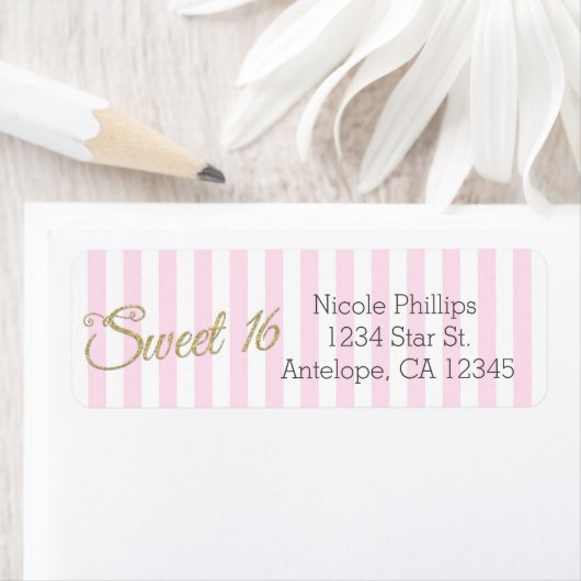 Gold Glitter SWEET 16 roze Stripes Adresetiketten Etiket (Insitu)