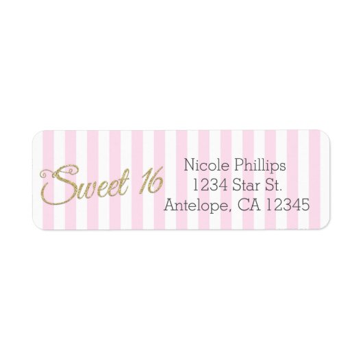 Gold Glitter SWEET 16 roze Stripes Adresetiketten Etiket (Voorkant)