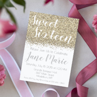 Gold Glitter Sweet Sixteen - uitnodiging op zaterd