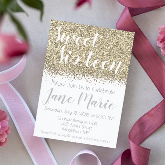 Gold Glitter Sweet Sixteen - uitnodiging op zaterd