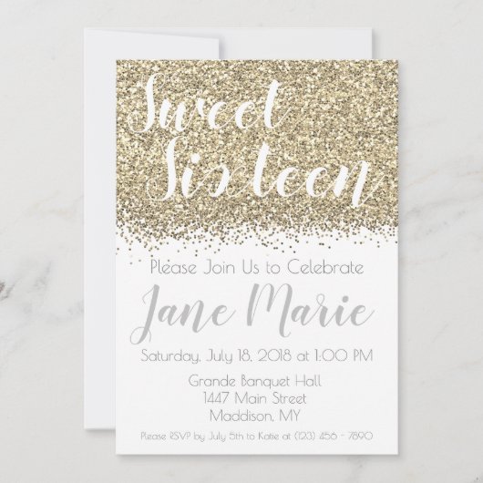 Gold Glitter Sweet Sixteen - uitnodiging op zaterd (Voorkant)