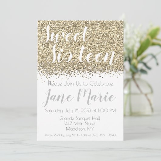 Gold Glitter Sweet Sixteen - uitnodiging op zaterd (Staand voorkant)